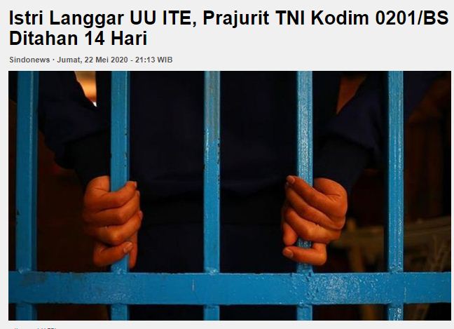 Read more about the article Istri Langgar UU ITE, Prajurit TNI Kodim 0201/BS Ditahan 14 Hari